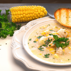perch chowder with potatoes and corn