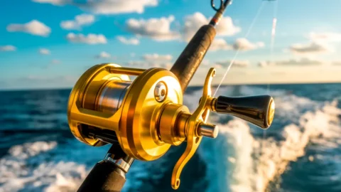 a deep sea fishing reel trolling in deep water