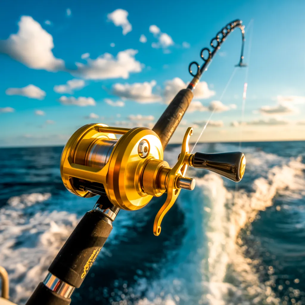 a deep sea fishing reel trolling in deep water